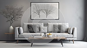 Abstract Minimalistic Gray Living Room With Tree As Focal Point