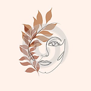 Abstract minimalistic linear sketch. Female face. Vector illustration hand draw with plant leaves. One line drawing face. Modern