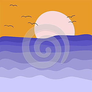 Abstract minimalistic seascape at sunset. Vector hand drawn illustration