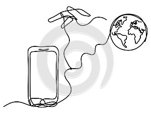 Abstract mobile and hand as line drawing on white