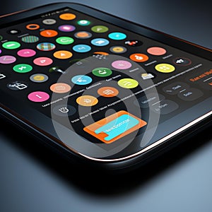 Abstract Mobile UI Elements on Sleek Black Touchscreen - Vibrant Buttons, Minimalist Icons, and Sm