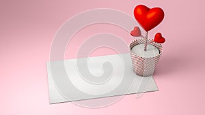 Abstract mock-up of Valentine plant and the craft paper red dot pot with blank card paper for text copy