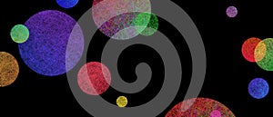 Abstract modern art background style design with circles and spots in colorful pink, blue, yellow, red, green, and purple on dark