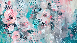 Abstract modern art painting with flowers. Soft pastel color palette. Delicate brush strokes