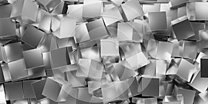 Abstract modern background from shiny silver cubes heap, flat lay top view from above