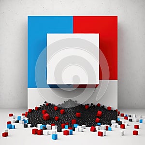 Abstract modern background, white dust and black diamonds, blue crystals and red cubes AI generation