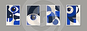 Abstract modern Bauhaus posters. Minimal Swiss retro art design paintings templates with geometric shapes, eyes. Vector