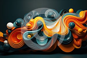 Abstract modern blue background with 3D elements in the form of spheres and colored waves. Generated by artificial