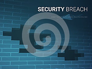 Abstract modern business background vector depicting security breach in shape of a brick wall with holes on blue background