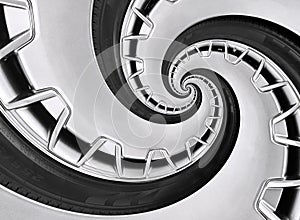 Abstract modern car wheel rim with tire twisted into surreal spiral. Automobile repetitive pattern background illustration. Car ab