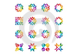 Abstract modern circle logo, rainbow, arrows, elements, floral, Set of round stars and sun symbol icon vector design