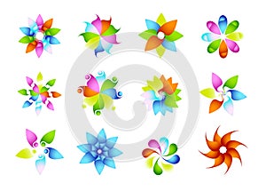 Abstract modern circle logos, rainbow, flowers, elements, floral, Set of flower shape vectors and sun symbol icon vector design