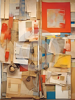 Abstract collage and mixed media themed painting with cut up paper, pictures and objects in complementary colors and