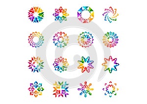 Abstract modern elements logo, circle rainbow flowers, Set of round floral,stars,arrows and sun symbol icon vector designs