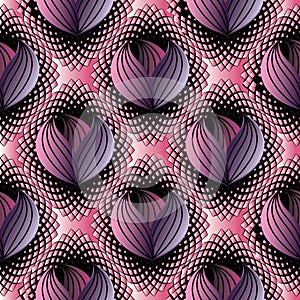 Abstract modern floral seamless pattern. Black pink halftone vector background wallpaper illustration with surface 3d line art tr