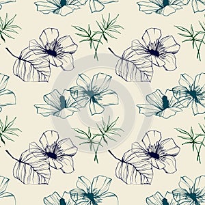 Abstract modern floral seamless pattern. hand drawn hibiscus, flowers, leaves, leaf, palm tree vector sketch