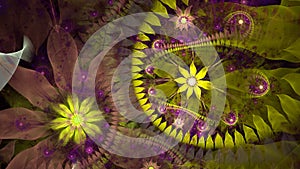 Abstract modern fractal background with twisted interconnected psychedelic space flowers and decorative stars in green,yellow,pink