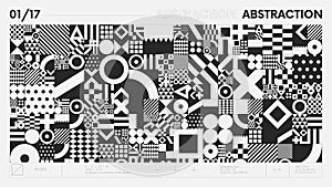 Abstract modern geometric banner with simple shapes in black and white colors, graphic composition design vector background,