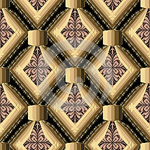 Abstract modern geometric vector seamless pattern. Floral vintage Damask ornament. Gold lace frames. Striped surface 3d design. O