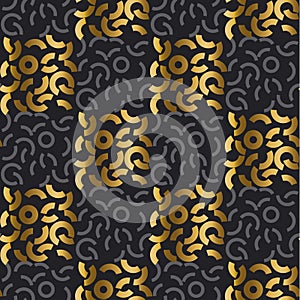 Abstract modern geometry repitable motif for surface design. Cool gold and black seamless pattern