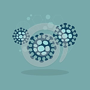 Abstract modern group of electron micrograph Coronavirus COVID-19 cell structure model icons and shadow on teal