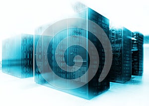 Abstract of modern high tech internet data center room with rows of racks with network and server hardware.