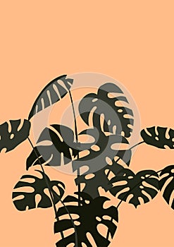 Abstract modern print with monstera leaves on orange background