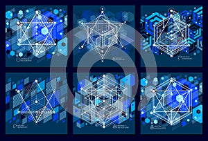 Abstract modern retro blue black 3D backgrounds set, geometric f