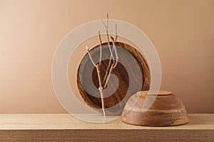 Abstract modern still life composition with wooden plate and bowl. Background for product diplay on podium