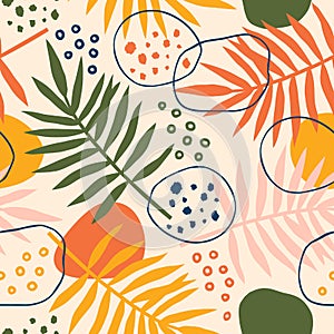 Abstract modern tropical pattern with bright leaves and plants. Summer background with exotic colorful shapes.