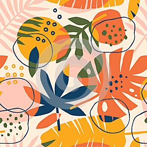 Abstract modern tropical pattern with bright leaves and plants. Summer background with exotic colorful shapes.