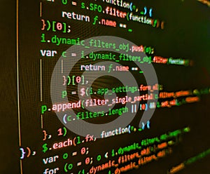 Abstract modern virtual computer script. Application web source code on monitor. Monitor closeup of function source code. Shallow