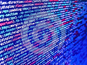 Abstract modern virtual computer script. Developer working on source codes on computer at office. Coding css on mornitor at the