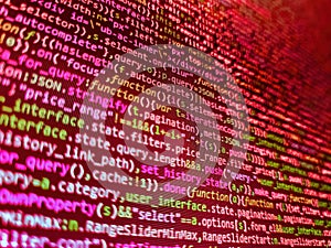 Abstract modern virtual computer script. Javascript functions, variables, objects. Php language and coding function developer.