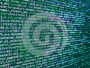 Abstract modern virtual computer script. Letters, chars, and digits. Computer code on laptop web developing. Developer working