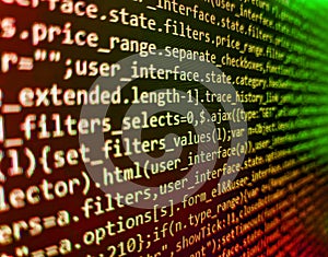 Abstract modern virtual computer script. Lines of code of a software with several colors. Abstract screen of web developer. Laptop