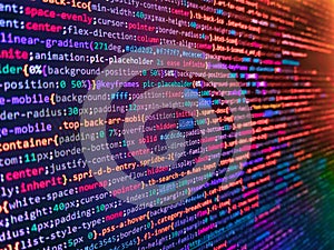 Abstract modern virtual computer script. Programming code abstract screen of software developer. Minificated web development