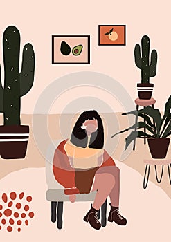 Abstract modern woman in fashion trendy clothes sitting on chair in room with cactus pot