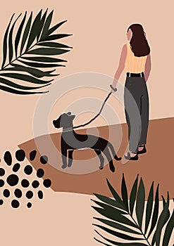 Abstract modern woman in fashion trendy clothes walking on street with dog