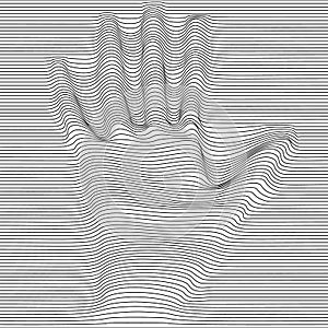 Abstract moire vector op art hand. Monochrome graphic black and white ornament.