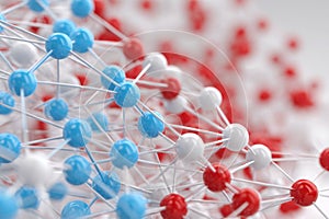 Abstract Molecular Structure in Red, Blue, and White Spheres on White Background.