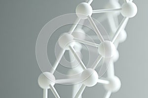 Abstract molecular structure with white spheres and connecting rods on gray background