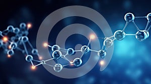 Abstract molecule model. Scientific research in molecular chemistry. 3D illustration on a blue background. Generative A
