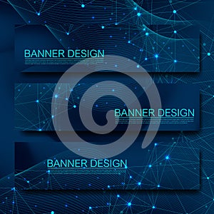 Abstract molecules banners set with lines, dots, circles, polygons. Vector design network communication background