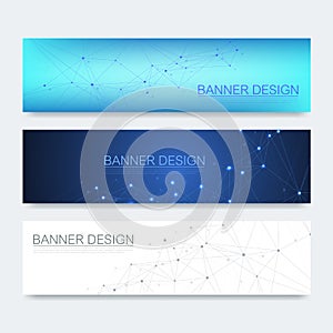 Abstract molecules banners set with lines, dots, circles, polygons. Vector design network communication background