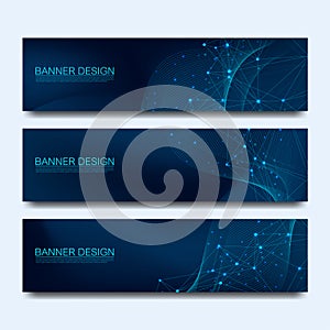 Abstract molecules banners set with lines, dots, circles, polygons. Vector design network communication background