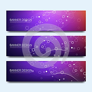 Abstract molecules banners set with lines, dots, circles, polygons. Vector design network communication background