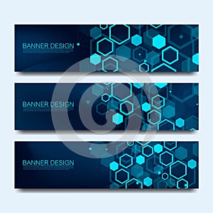 Abstract molecules banners set with lines, dots, circles, polygons. Vector design network communication background