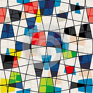 Abstract Mondrian style seamless vector pattern. Bauhaus background diagonal geometric style. Colorful mosaic art grid