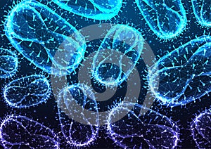 Abstract monkey pox virus microscopic view banner concept in glowing low polygonal style on blue photo